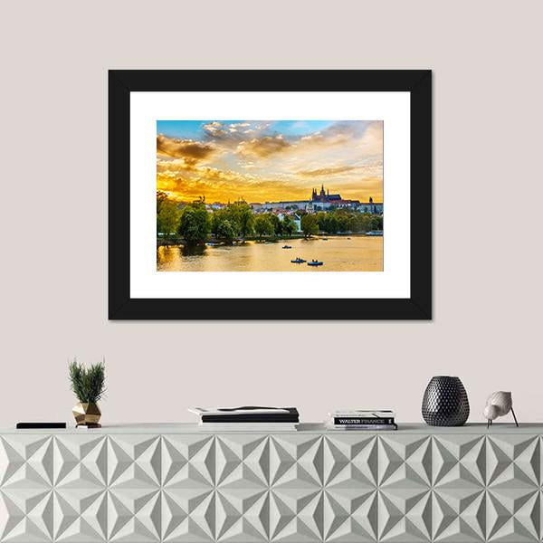 Vltava River In Sunset With Boats Canvas Wall Art-1 Piece-Framed Print-20" x 16"-Tiaracle