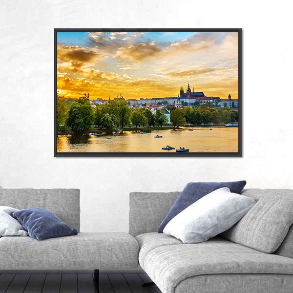 Vltava River In Sunset With Boats Canvas Wall Art-5 Horizontal-Gallery Wrap-22" x 12"-Tiaracle