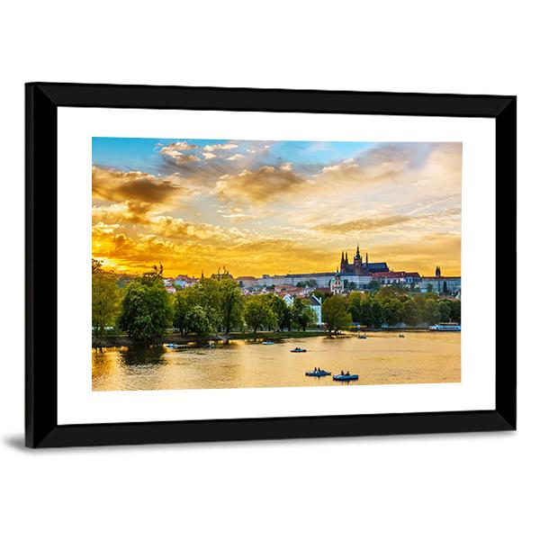Vltava River In Sunset With Boats Canvas Wall Art-3 Horizontal-Gallery Wrap-25" x 16"-Tiaracle