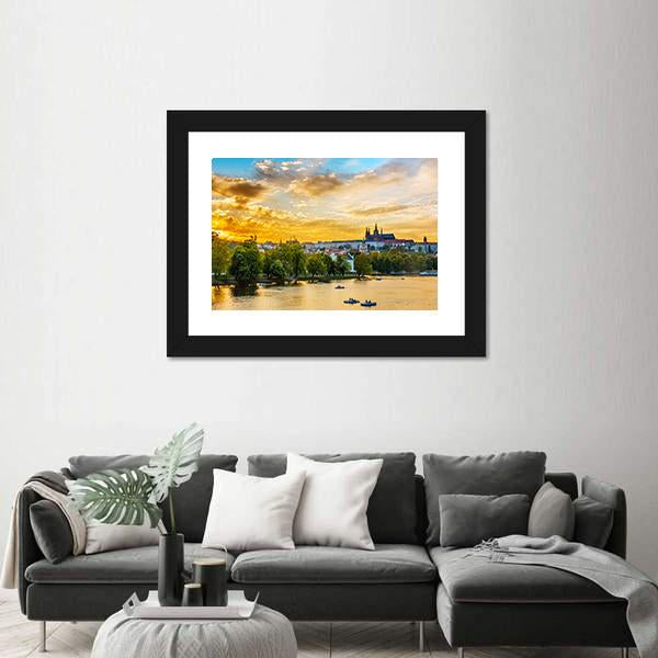Vltava River In Sunset With Boats Canvas Wall Art-5 Horizontal-Gallery Wrap-22" x 12"-Tiaracle