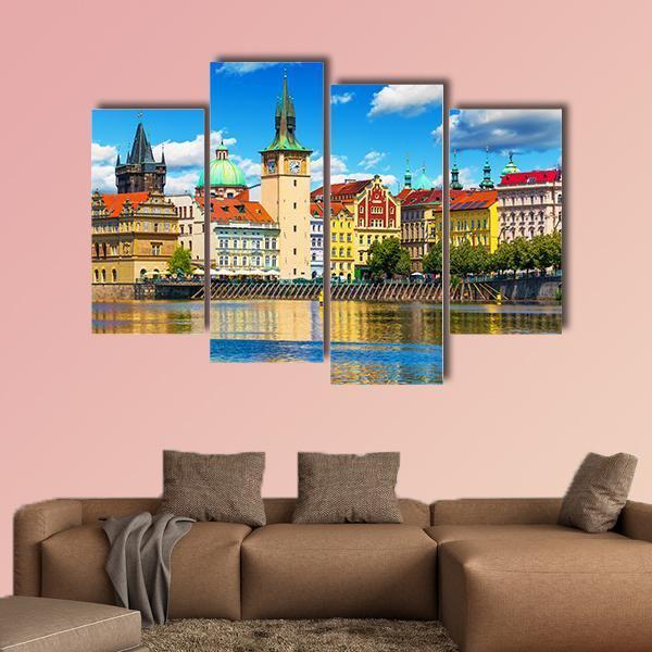 Vltava River Pier In Prague Canvas Wall Art-4 Pop-Gallery Wrap-50" x 32"-Tiaracle