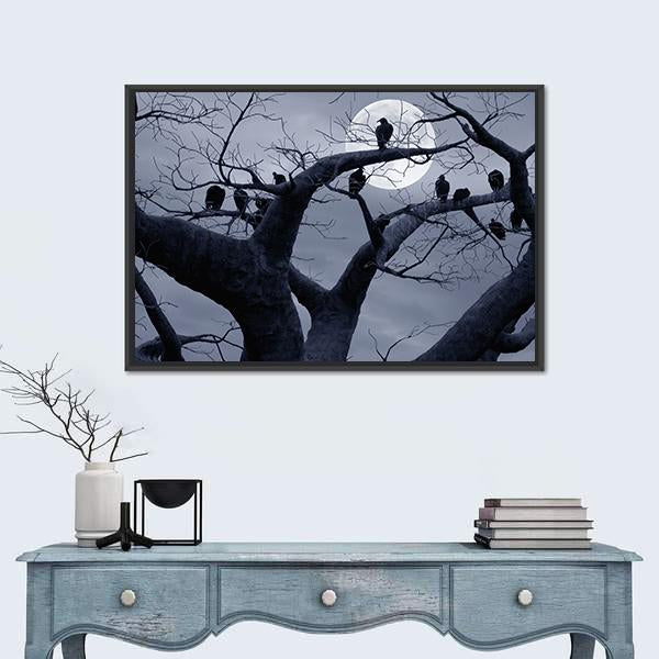 Vultures In A Scary And Spooky Halloween Scene Canvas Wall Art-1 Piece-Floating Frame-24" x 16"-Tiaracle