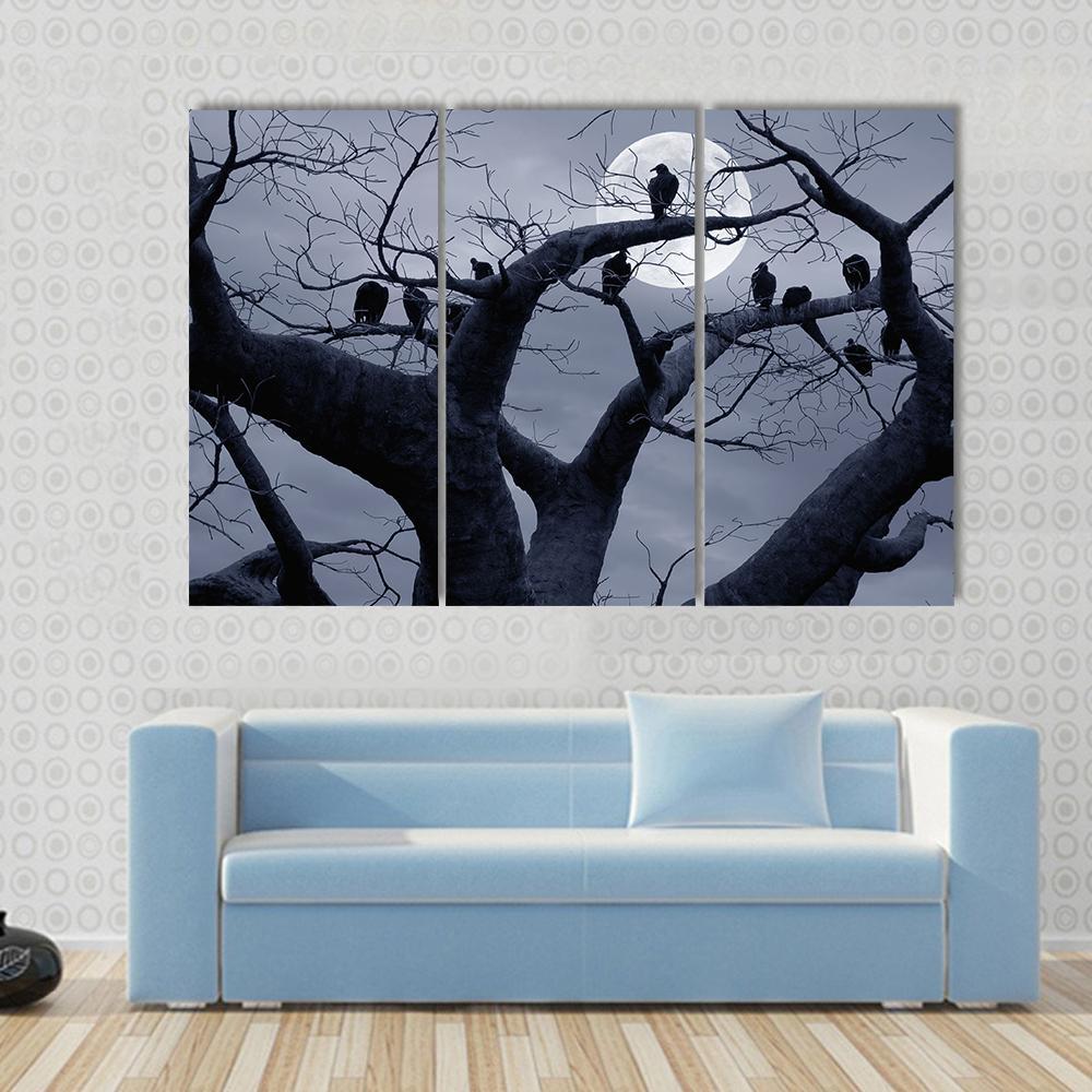 Vultures In A Scary And Spooky Halloween Scene Canvas Wall Art-3 Horizontal-Gallery Wrap-37" x 24"-Tiaracle