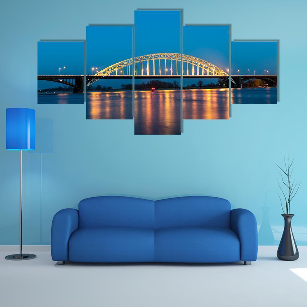 Waal Bridge At Nijmegen At Night Canvas Wall Art-5 Star-Gallery Wrap-62" x 32"-Tiaracle