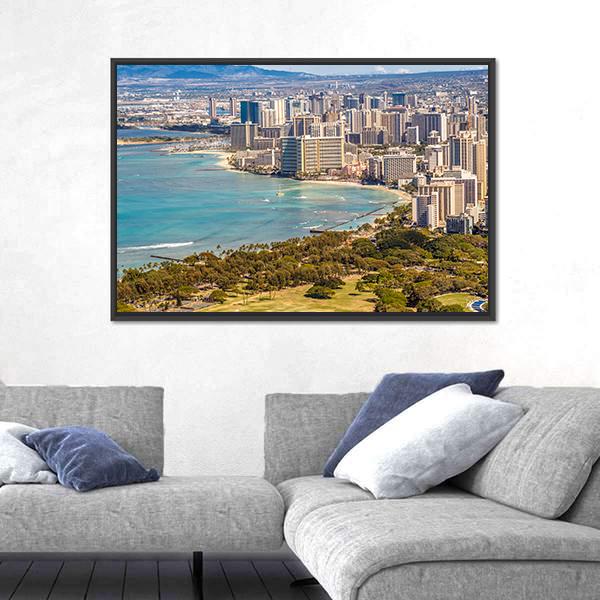 Waikiki Beach And Honolulu Skyline Canvas Wall Art-3 Horizontal-Gallery Wrap-25" x 16"-Tiaracle