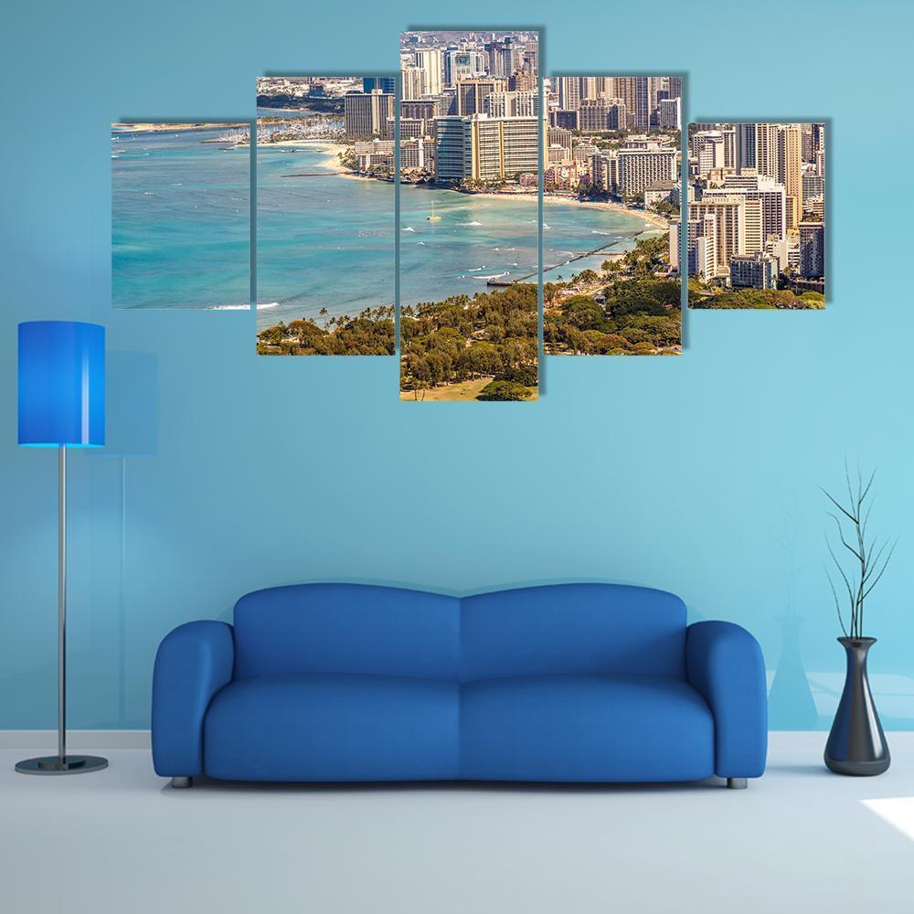 Waikiki Beach And Honolulu Skyline Canvas Wall Art-5 Star-Gallery Wrap-62" x 32"-Tiaracle