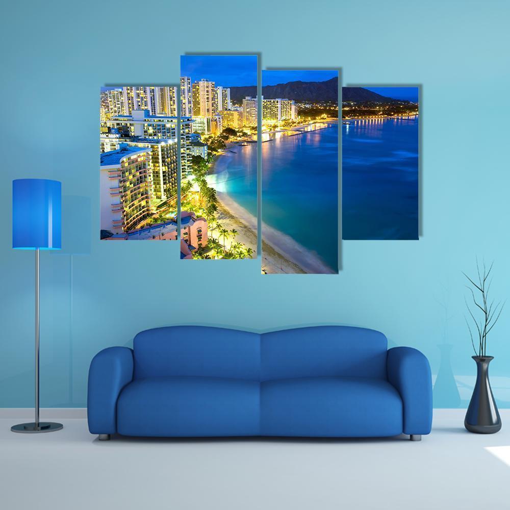 Waikiki Beach In Honolulu Canvas Wall Art-4 Pop-Gallery Wrap-50" x 32"-Tiaracle