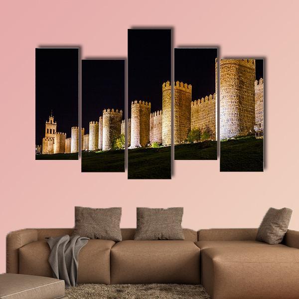 Walls Of Avila In Spain At Night Time Canvas Wall Art-5 Pop-Gallery Wrap-47" x 32"-Tiaracle