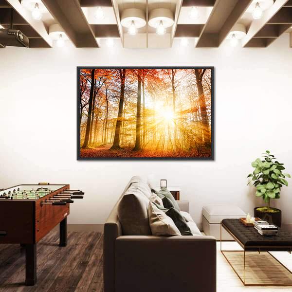 Warm Autumn Scenery In A Forest With The Sun Rays Canvas Wall Art-3 Horizontal-Gallery Wrap-25" x 16"-Tiaracle