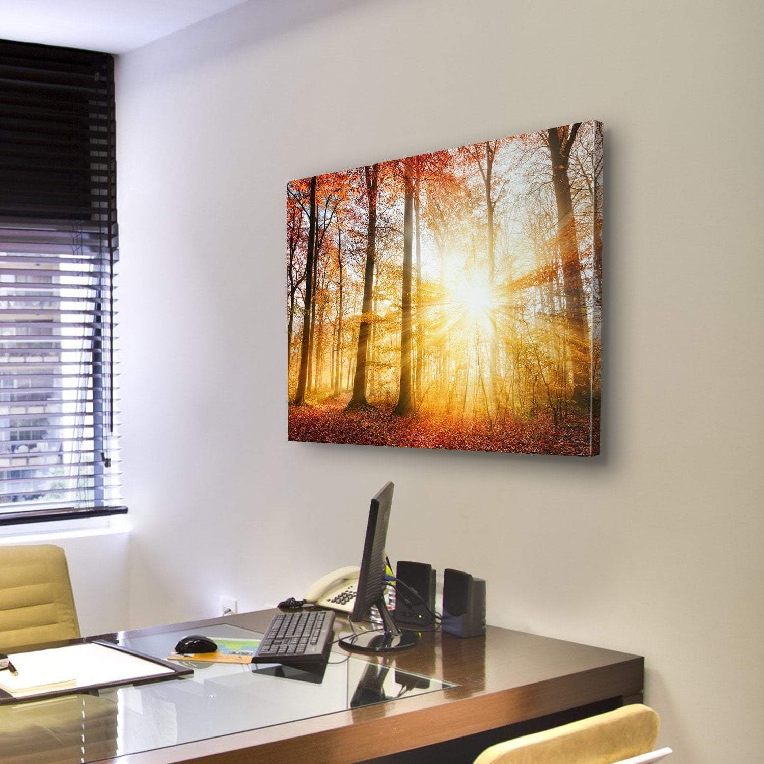 Warm Autumn Scenery In A Forest With The Sun Rays Canvas Wall Art-3 Horizontal-Gallery Wrap-25" x 16"-Tiaracle