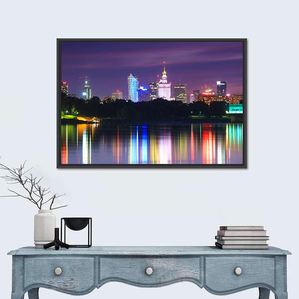 Warsaw Night View Of The City From The River Canvas Wall Art-1 Piece-Floating Frame-24" x 16"-Tiaracle