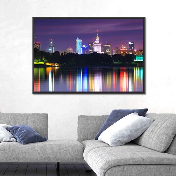 Warsaw Night View Of The City From The River Canvas Wall Art-3 Horizontal-Gallery Wrap-25" x 16"-Tiaracle