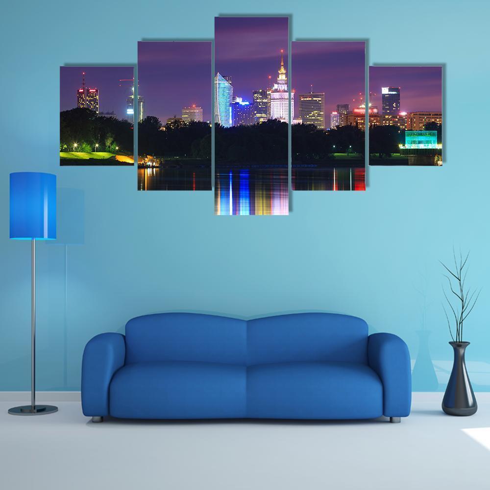 Warsaw Night View Of The City From The River Canvas Wall Art-5 Star-Gallery Wrap-62" x 32"-Tiaracle