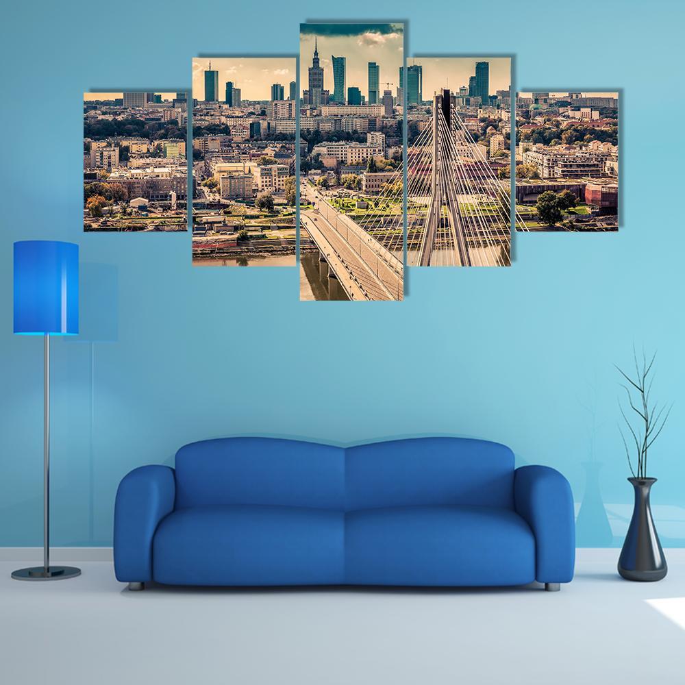 Warsaw Skyline Behind The Bridge Canvas Wall Art-5 Star-Gallery Wrap-62" x 32"-Tiaracle