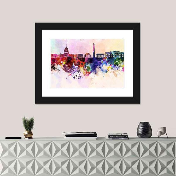 Washington DC Skyline In Watercolor Abstract Canvas Wall Art-1 Piece-Framed Print-20" x 16"-Tiaracle