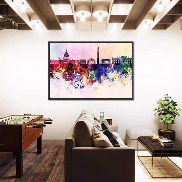 Washington DC Skyline In Watercolor Abstract Canvas Wall Art-3 Horizontal-Gallery Wrap-25" x 16"-Tiaracle