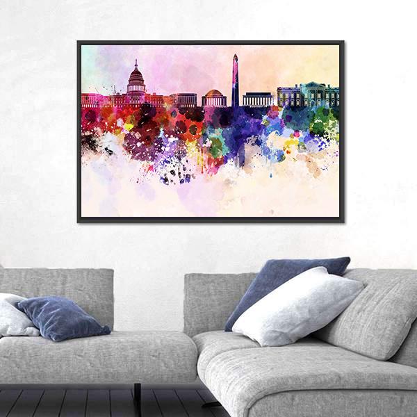Washington DC Skyline In Watercolor Abstract Canvas Wall Art-3 Horizontal-Gallery Wrap-25" x 16"-Tiaracle