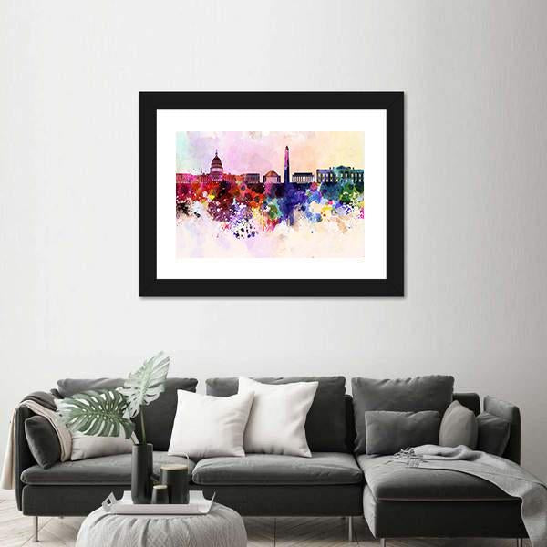 Washington DC Skyline In Watercolor Abstract Canvas Wall Art-3 Horizontal-Gallery Wrap-25" x 16"-Tiaracle