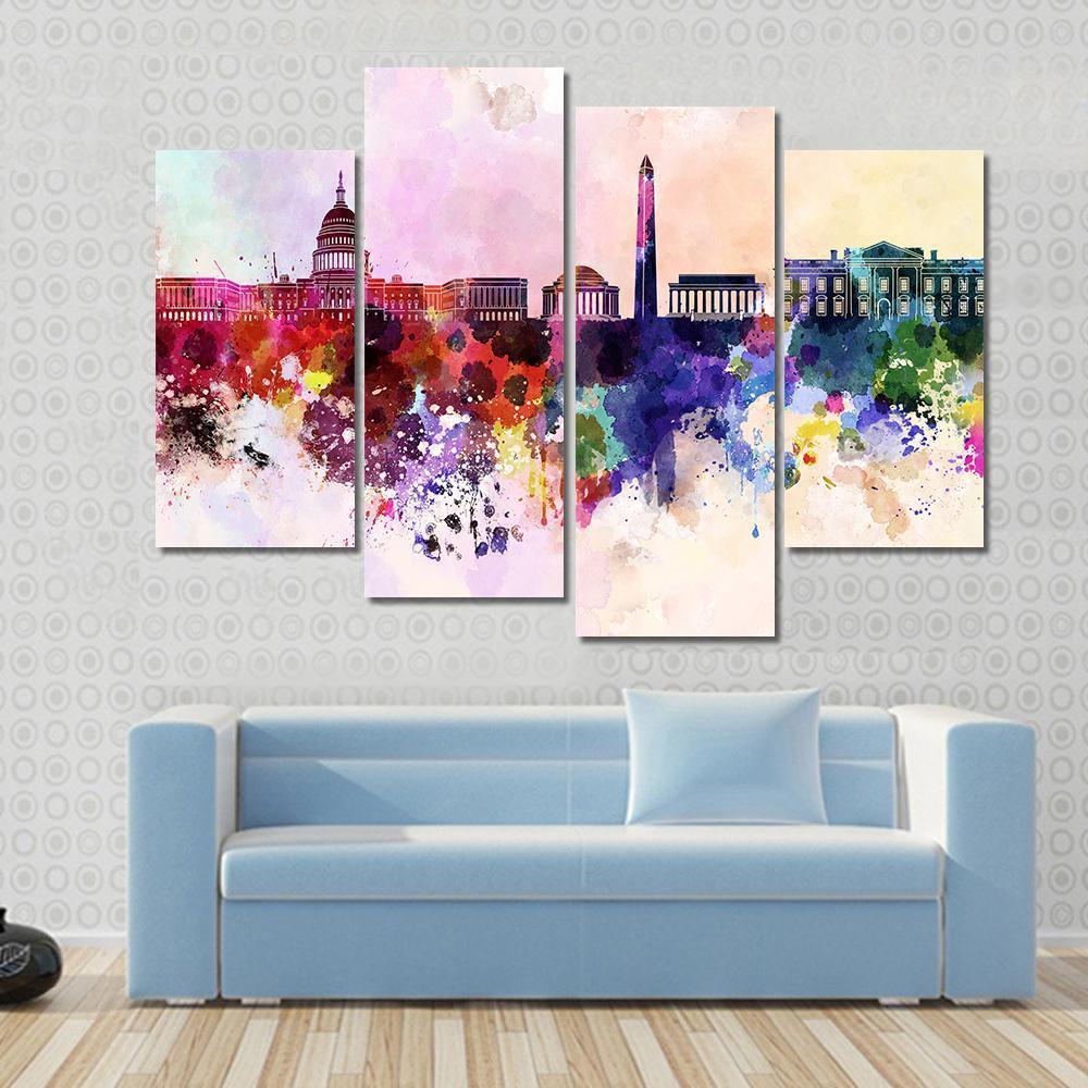 Washington DC Skyline In Watercolor Abstract Canvas Wall Art-4 Pop-Gallery Wrap-50" x 32"-Tiaracle