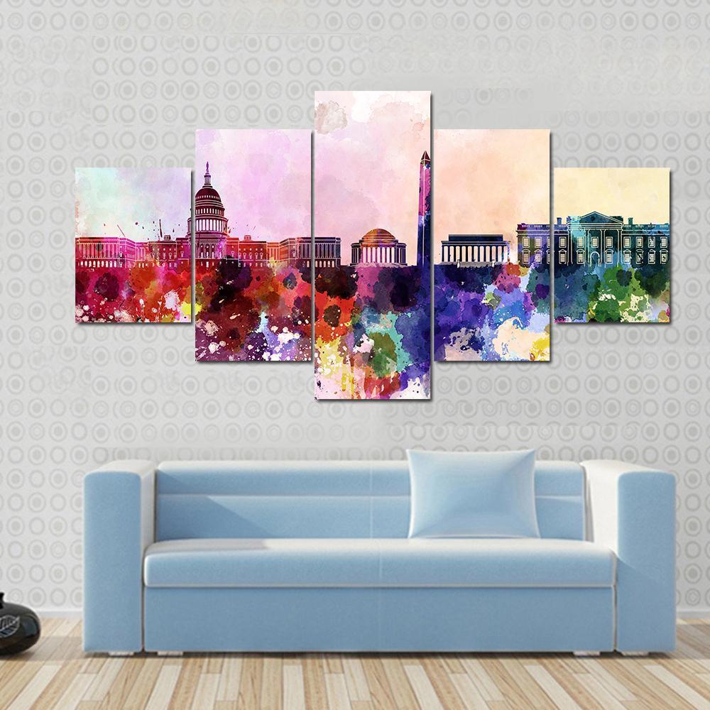Washington DC Skyline In Watercolor Abstract Canvas Wall Art-5 Star-Gallery Wrap-62" x 32"-Tiaracle