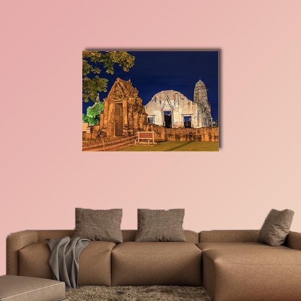 Wat Ratburana Temple At Night In Thailand Canvas Wall Art-1 Piece-Gallery Wrap-48" x 32"-Tiaracle