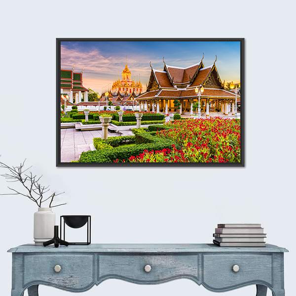 Wat Ratchanatdaram Temple In Bangkok Canvas Wall Art-1 Piece-Floating Frame-24" x 16"-Tiaracle