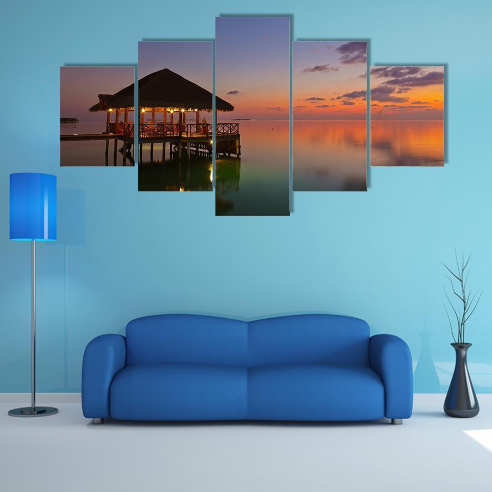 Water Cafe At Sunset Canvas Wall Art-5 Star-Gallery Wrap-62" x 32"-Tiaracle