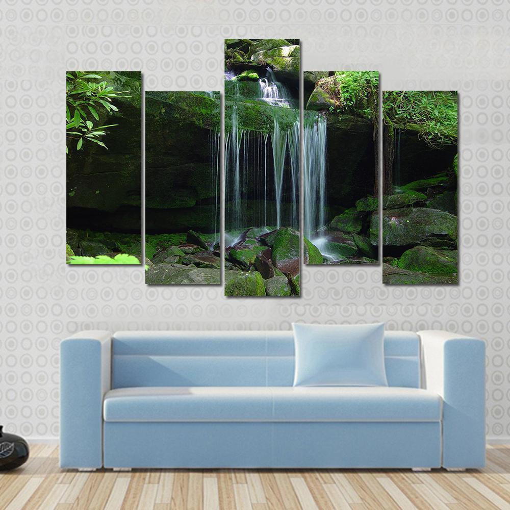 Water Fall Flows On A Rock Ledge Canvas Wall Art-5 Pop-Gallery Wrap-47" x 32"-Tiaracle