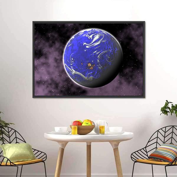 Water Planet In Deep Space Canvas Wall Art-1 Piece-Floating Frame-24" x 16"-Tiaracle