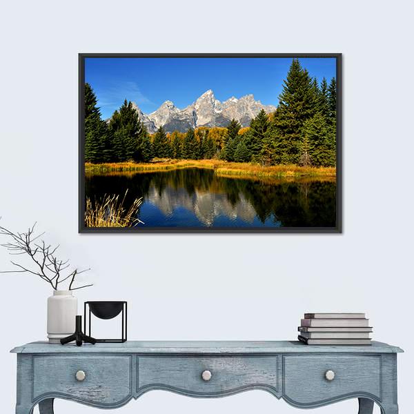 Water Reflections In Fall In The Grand Tetons Canvas Wall Art-1 Piece-Floating Frame-36" x 24"-Tiaracle