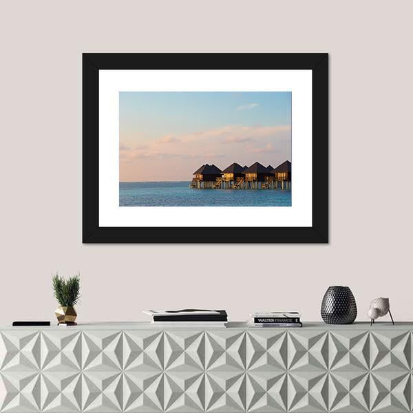 Water Villas Bungalows On Island Canvas Wall Art-1 Piece-Framed Print-20" x 16"-Tiaracle