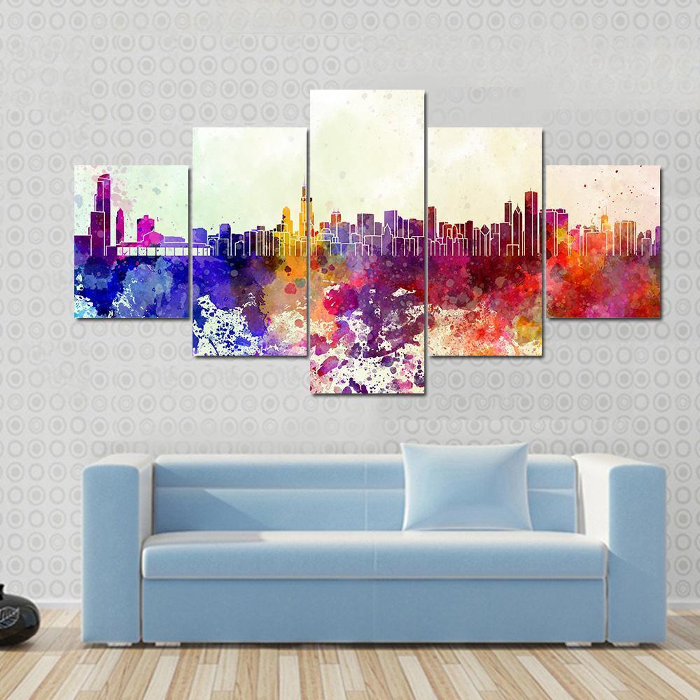 Watercolor Chicago Skyline Canvas Wall Art-5 Star-Gallery Wrap-62" x 32"-Tiaracle