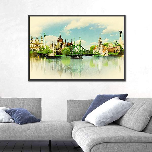 Watercolor Illustration Of Budapest Panoramic Canvas Wall Art-1 Piece-36" x 12"-Tiaracle