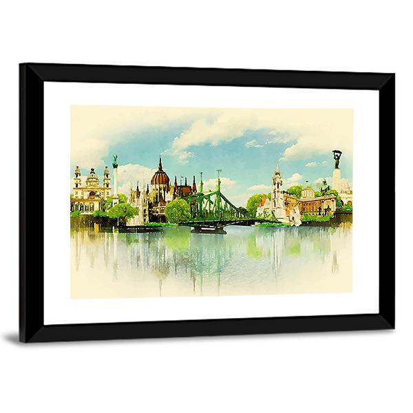 Watercolor Illustration Of Budapest Panoramic Canvas Wall Art-1 Piece-36" x 12"-Tiaracle