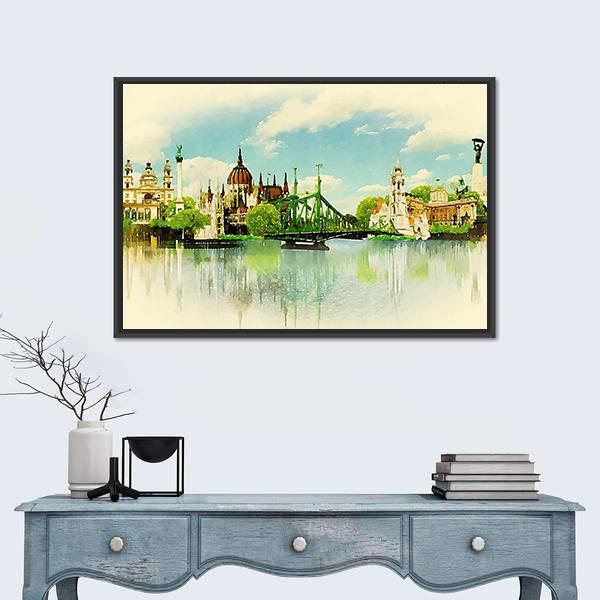 Watercolor Illustration Of Budapest Panoramic Canvas Wall Art-1 Piece-36" x 12"-Tiaracle