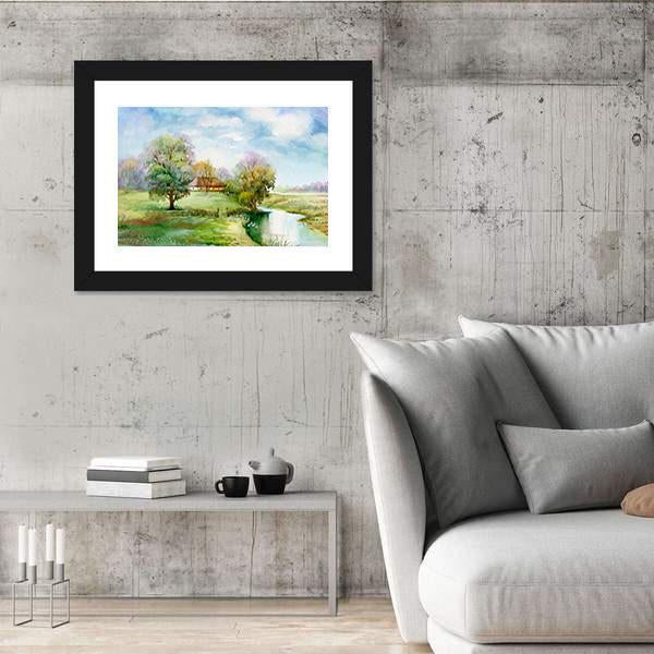 Watercolor Landscape Of Village Panoramic Canvas Wall Art-1 Piece-36" x 12"-Tiaracle
