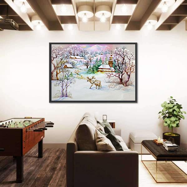 Watercolor Landscape Winter Village Life Canvas Wall Art-3 Horizontal-Gallery Wrap-25" x 16"-Tiaracle