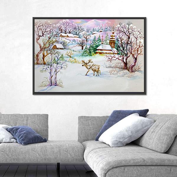 Watercolor Landscape Winter Village Life Canvas Wall Art-3 Horizontal-Gallery Wrap-25" x 16"-Tiaracle
