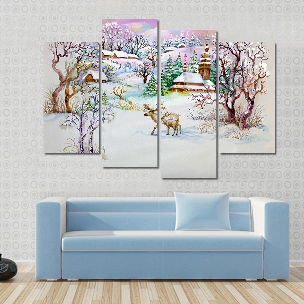 Watercolor Landscape Winter Village Life Canvas Wall Art-4 Pop-Gallery Wrap-50" x 32"-Tiaracle