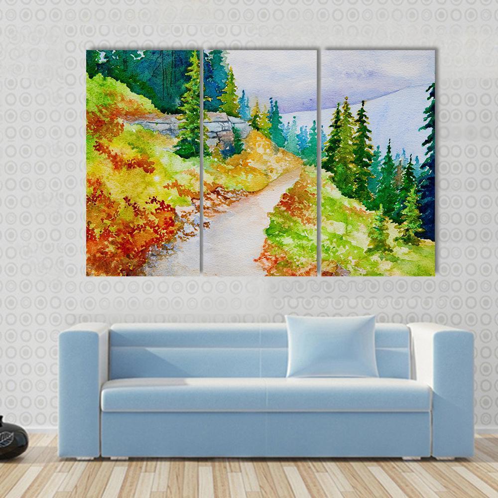 Watercolor Painting Inspired By The Beautiful Mountain Canvas Wall Art-3 Horizontal-Gallery Wrap-37" x 24"-Tiaracle