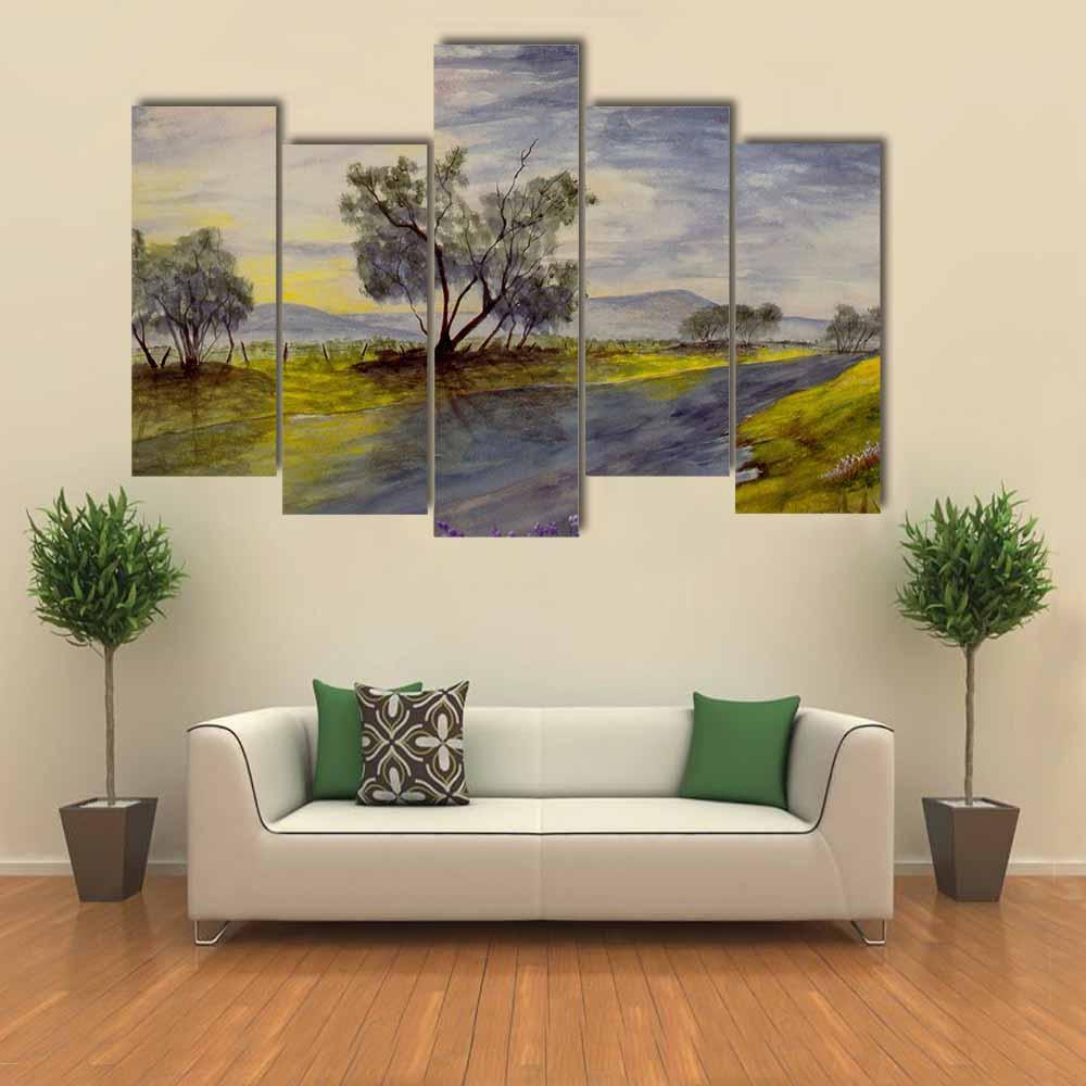 Watercolor Painting Of Stream Canvas Wall Art-5 Pop-Gallery Wrap-32" x 21"-Tiaracle