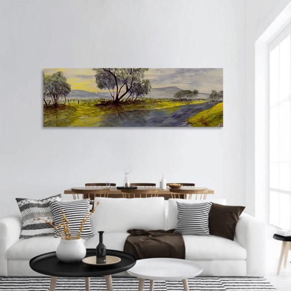 Watercolor Painting Of Stream Panoramic Canvas Wall Art-1 Piece-36" x 12"-Tiaracle