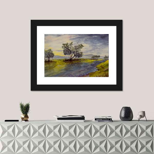 Watercolor Painting Of Stream Panoramic Canvas Wall Art-1 Piece-36" x 12"-Tiaracle