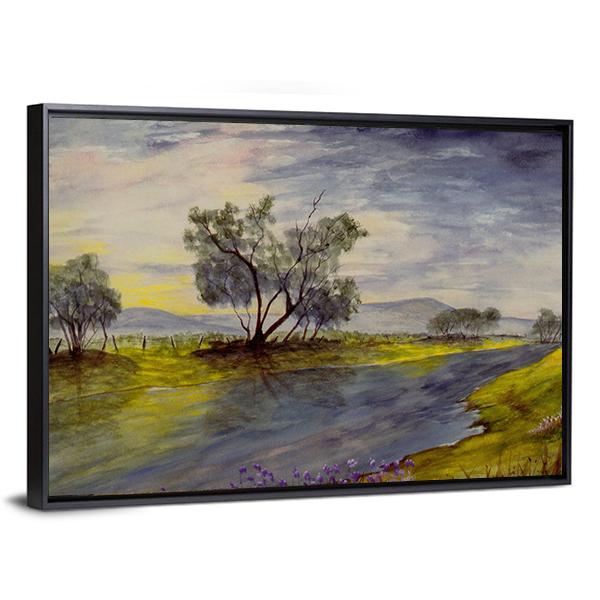 Watercolor Painting Of Stream Panoramic Canvas Wall Art-1 Piece-36" x 12"-Tiaracle