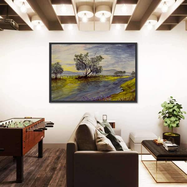 Watercolor Painting Of Stream Panoramic Canvas Wall Art-1 Piece-36" x 12"-Tiaracle