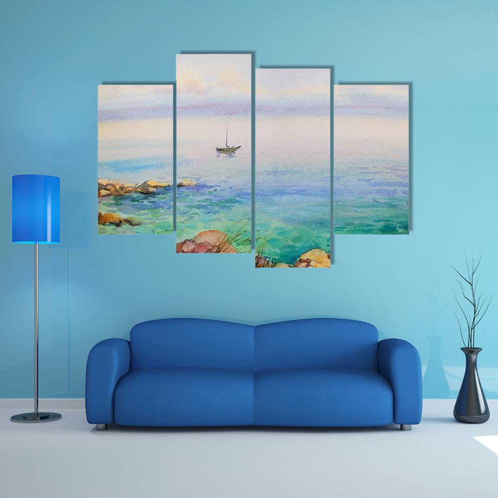 Watercolor Painting Seascape Canvas Wall Art-4 Pop-Gallery Wrap-50" x 32"-Tiaracle