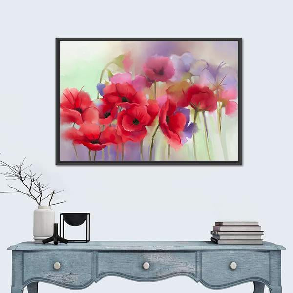 Watercolor Red Poppy Flowers Painting Abstract Canvas Wall Art-1 Piece-Floating Frame-24" x 16"-Tiaracle