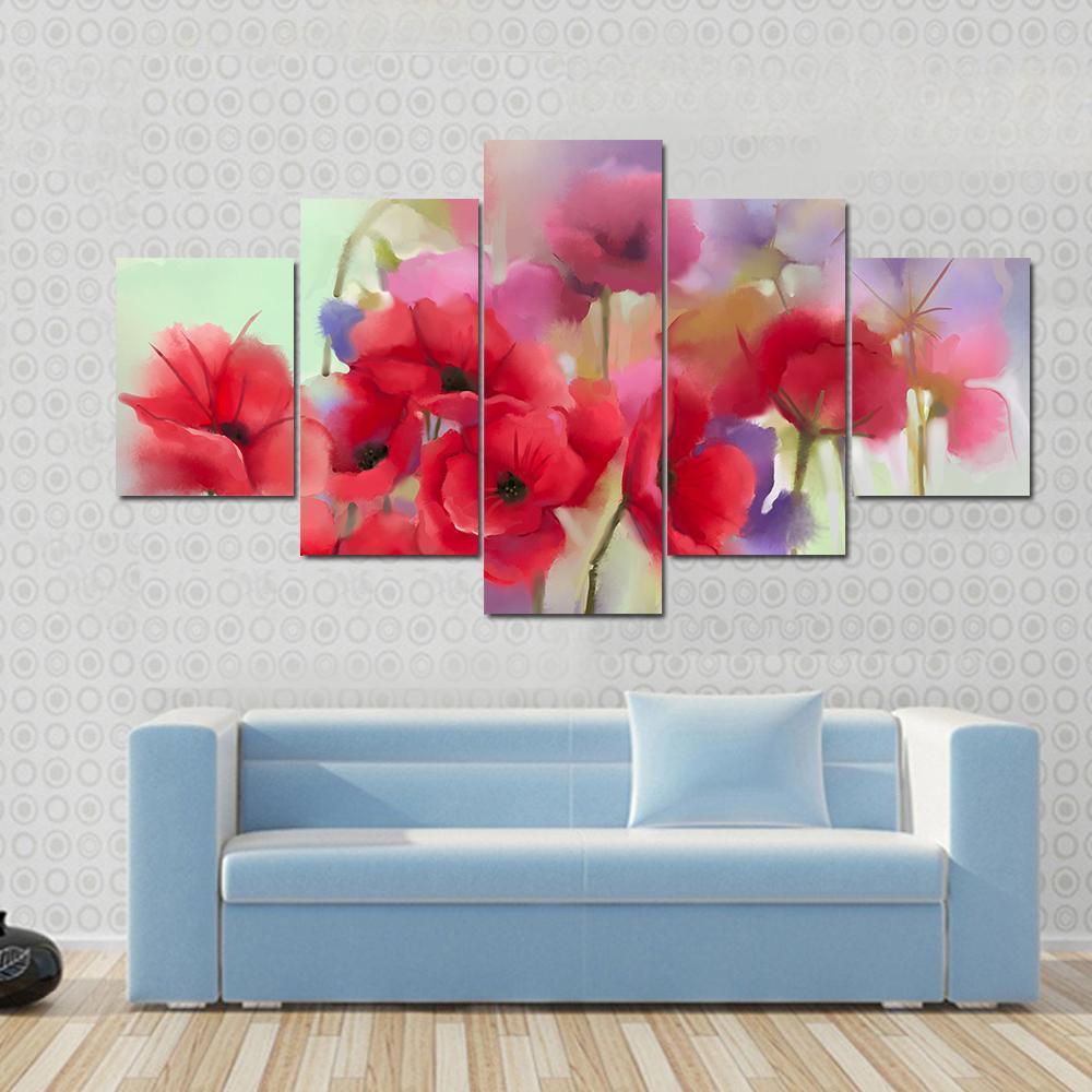 Watercolor Red Poppy Flowers Painting Abstract Canvas Wall Art-5 Star-Gallery Wrap-62" x 32"-Tiaracle