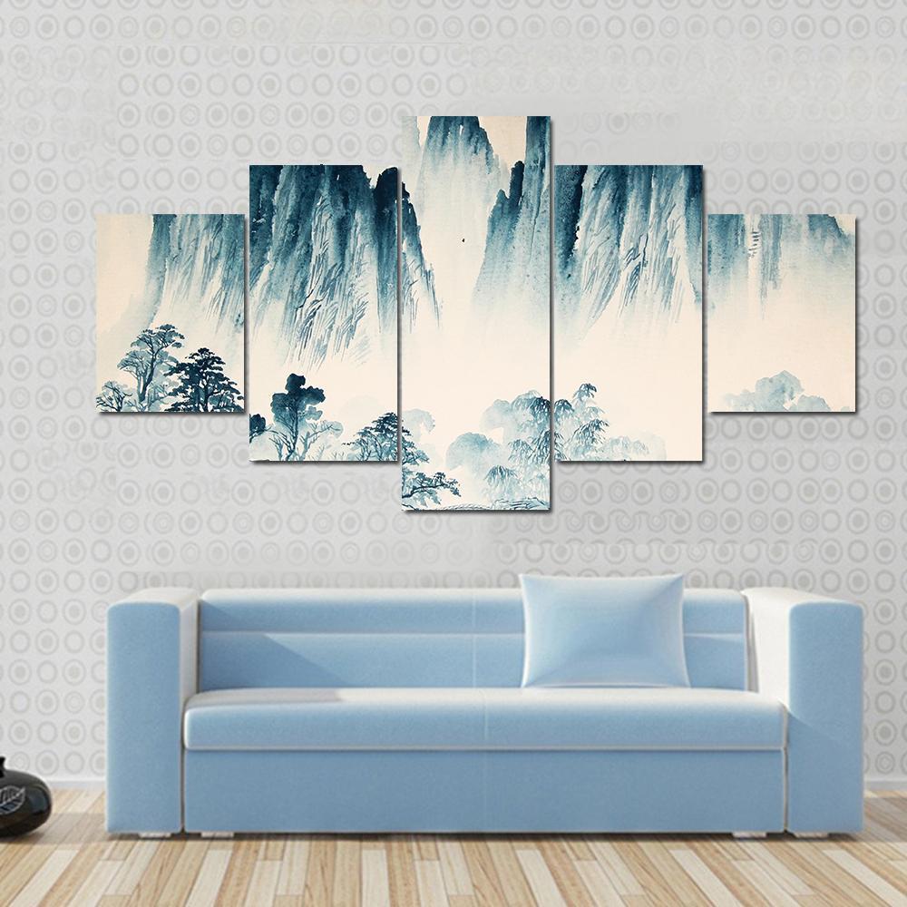 Watercolor Sketch Of High Mountains And Trees Canvas Wall Art-5 Star-Gallery Wrap-62" x 32"-Tiaracle