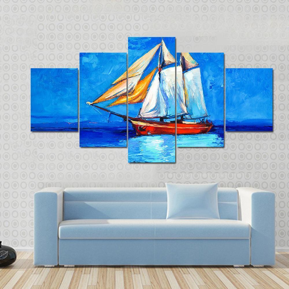 Watercolor Sketch Of Sail Ship And Sea Canvas Wall Art-5 Star-Gallery Wrap-62" x 32"-Tiaracle